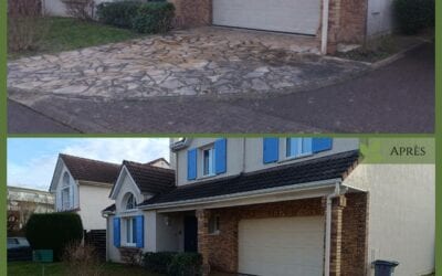 Rénovation d’une entrée de garage avec pose de pavés béton ton pierre à Rambouillet (78)