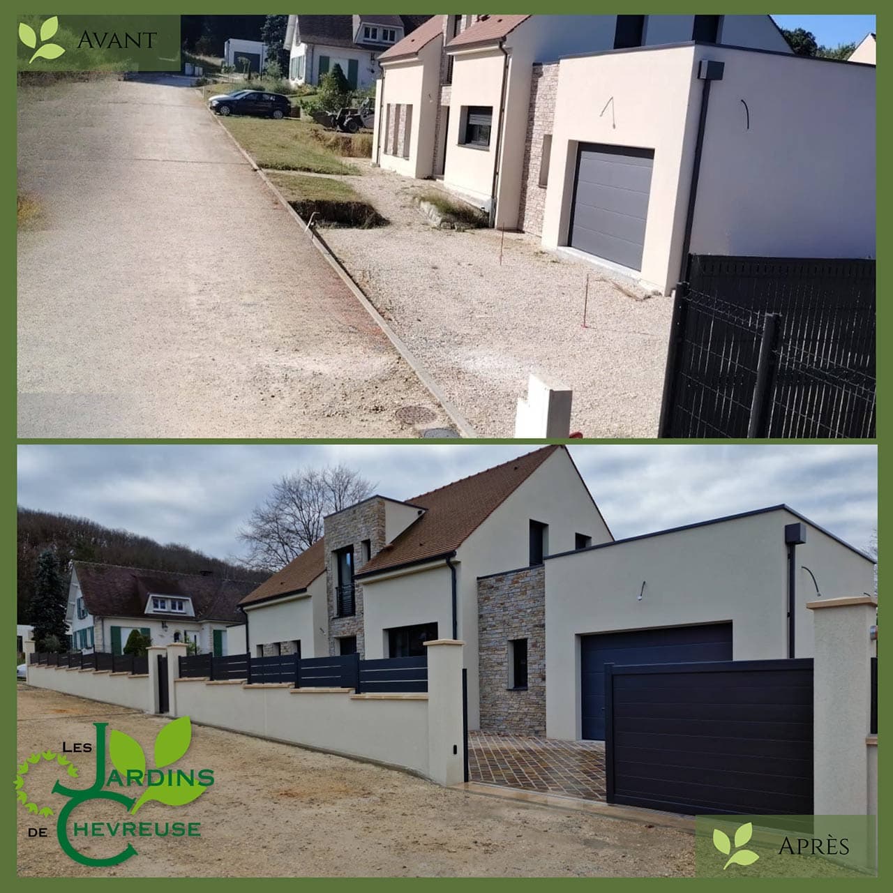 realisation-allee-pavee-portail-aluminium-kostum-vallee-de-chevreuse-avant-apres murets, portail et digicode 78