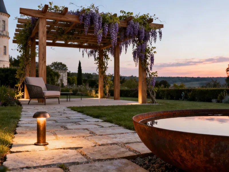 Aménagement de jardin : les 6 étapes d'un projet réussi avec un paysagiste Finitions paysagères : pergola, bassin et éclairage paysager au crépuscule