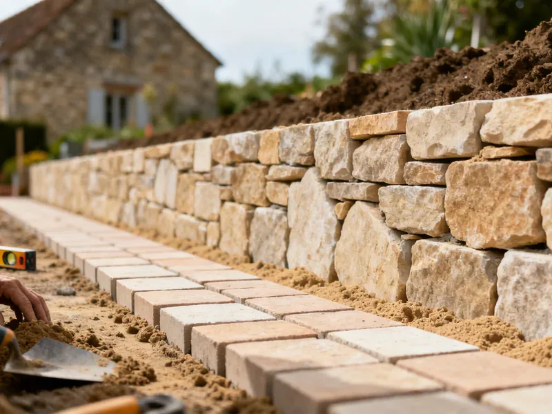 Aménagement de jardin : les 6 étapes d'un projet réussi avec un paysagiste Maçonnerie paysagère : muret en pierre et pavage en cours d'installation