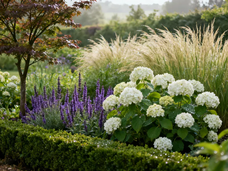 Aménagement de jardin : les 6 étapes d'un projet réussi avec un paysagiste Plantations paysagères : massif mixte avec hortensias, salvias et graminées