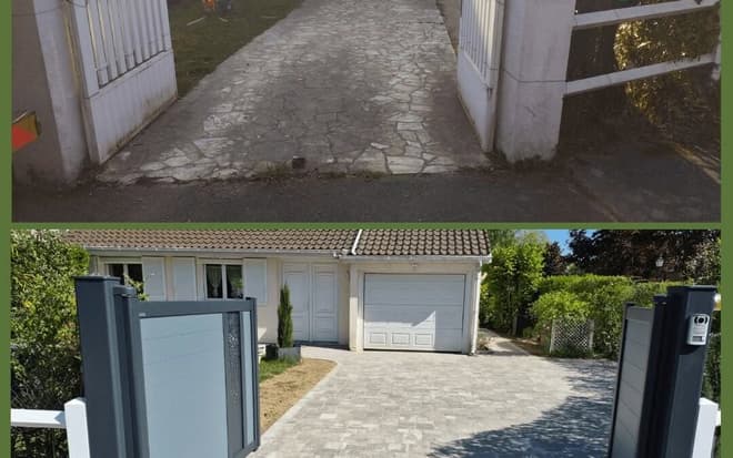 Rénovation d’entrée de maison avec pavage extérieur et portail
