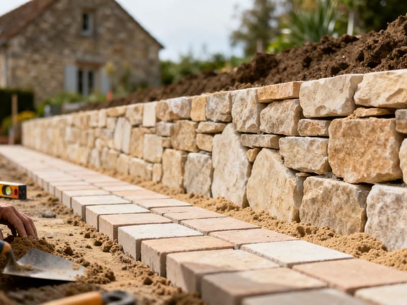 Aménagement de jardin : les 6 étapes d'un projet réussi avec un paysagiste Maçonnerie paysagère : muret en pierre et pavage en cours d'installation