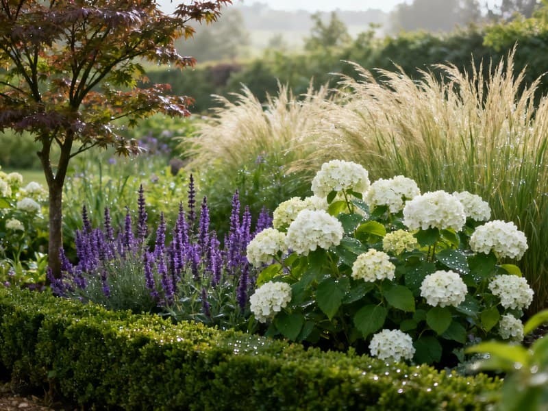 Aménagement de jardin : les 6 étapes d'un projet réussi avec un paysagiste Plantations paysagères : massif mixte avec hortensias, salvias et graminées